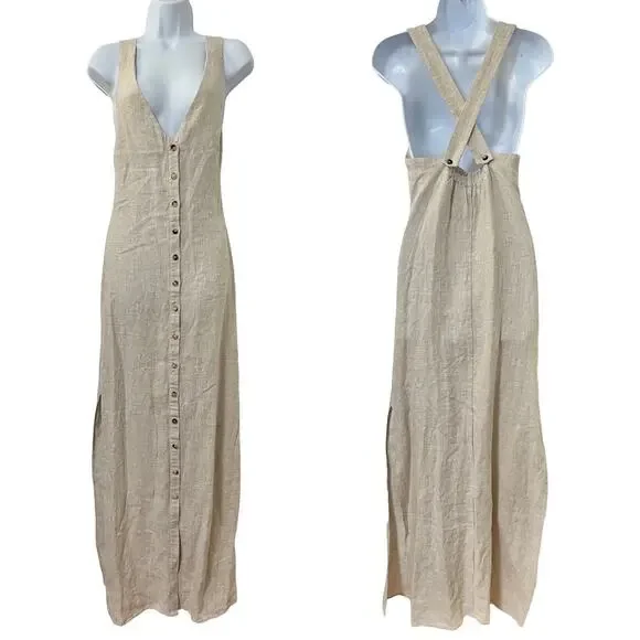 Faherty | Dresses | Faherty Big Sur Button Flax Linen Maxi Dress Size Xs  Beige Beachy Coastal New | Poshmark